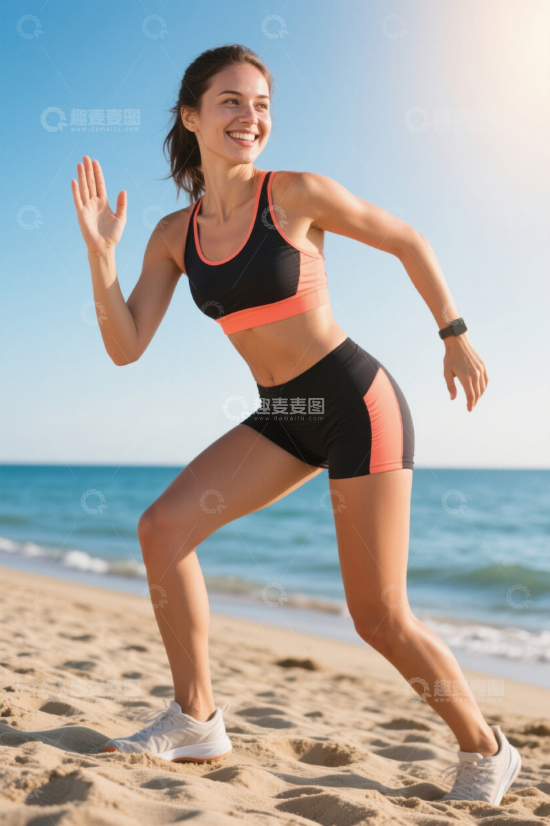 高清大图下载【趣麦麦图】沙滩上奔跑的健康女孩