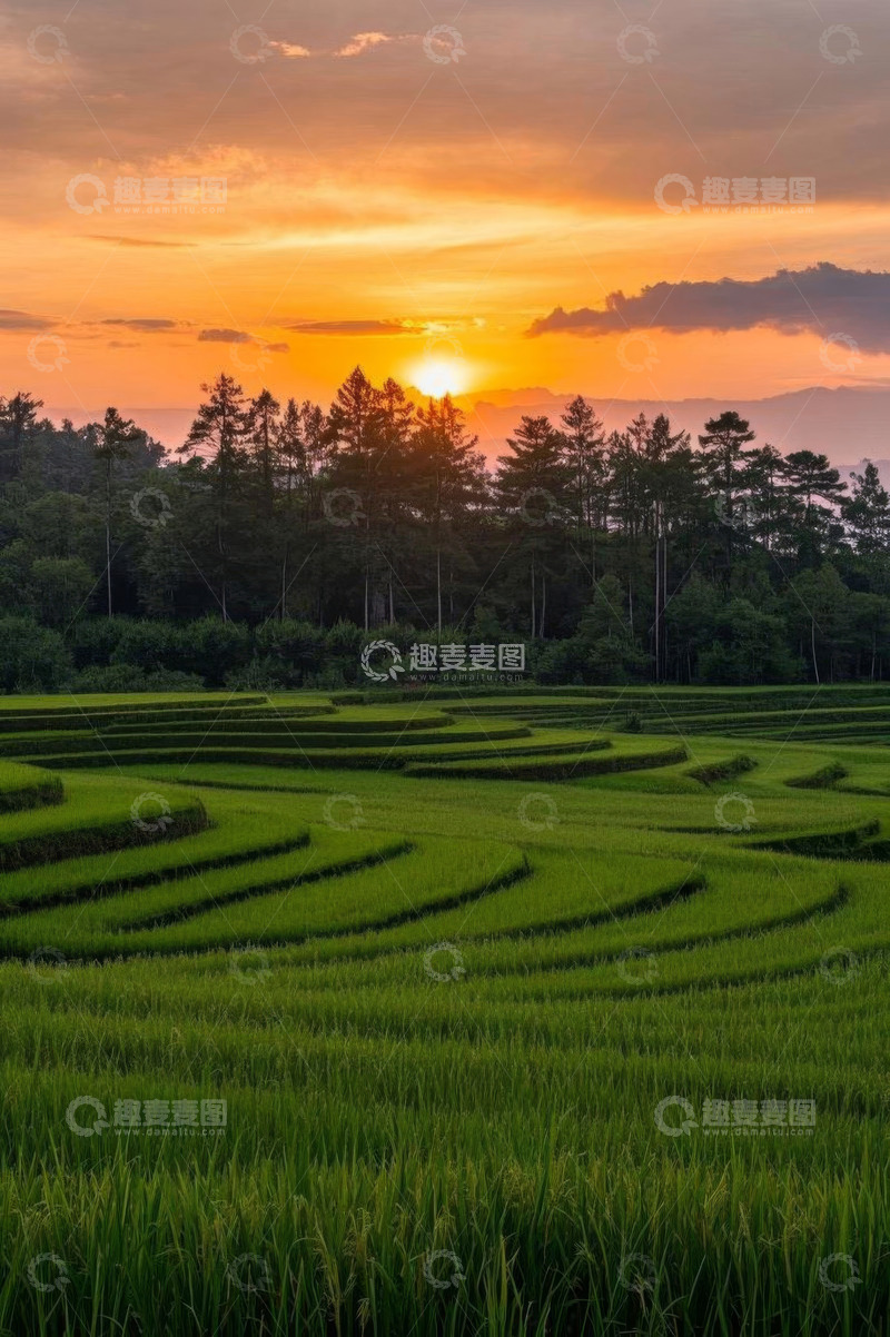 高清大图下载【趣麦麦图】夕阳下的梯田田园风光