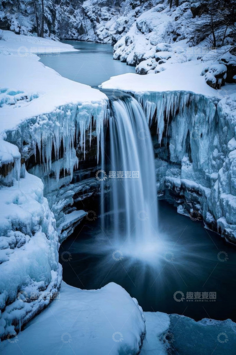 高清大图下载【趣麦麦图】冬季冰雪覆盖的瀑布景观