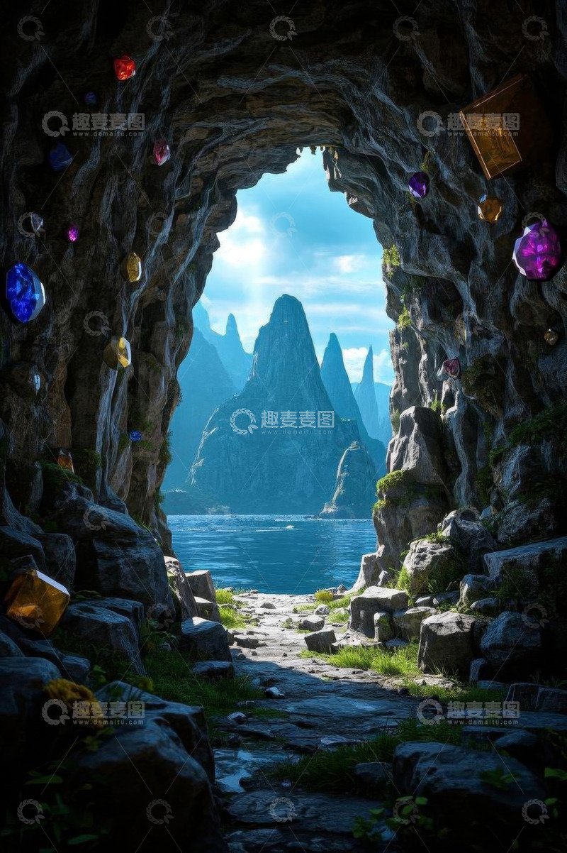 高清大图下载【趣麦麦图】洞穴内宝石与山水景观