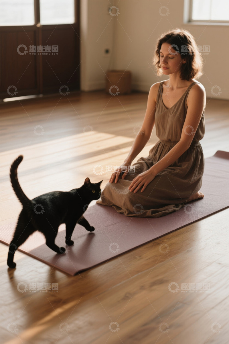 高清大图下载【趣麦麦图】女子在家中瑜伽垫上冥想黑猫陪伴