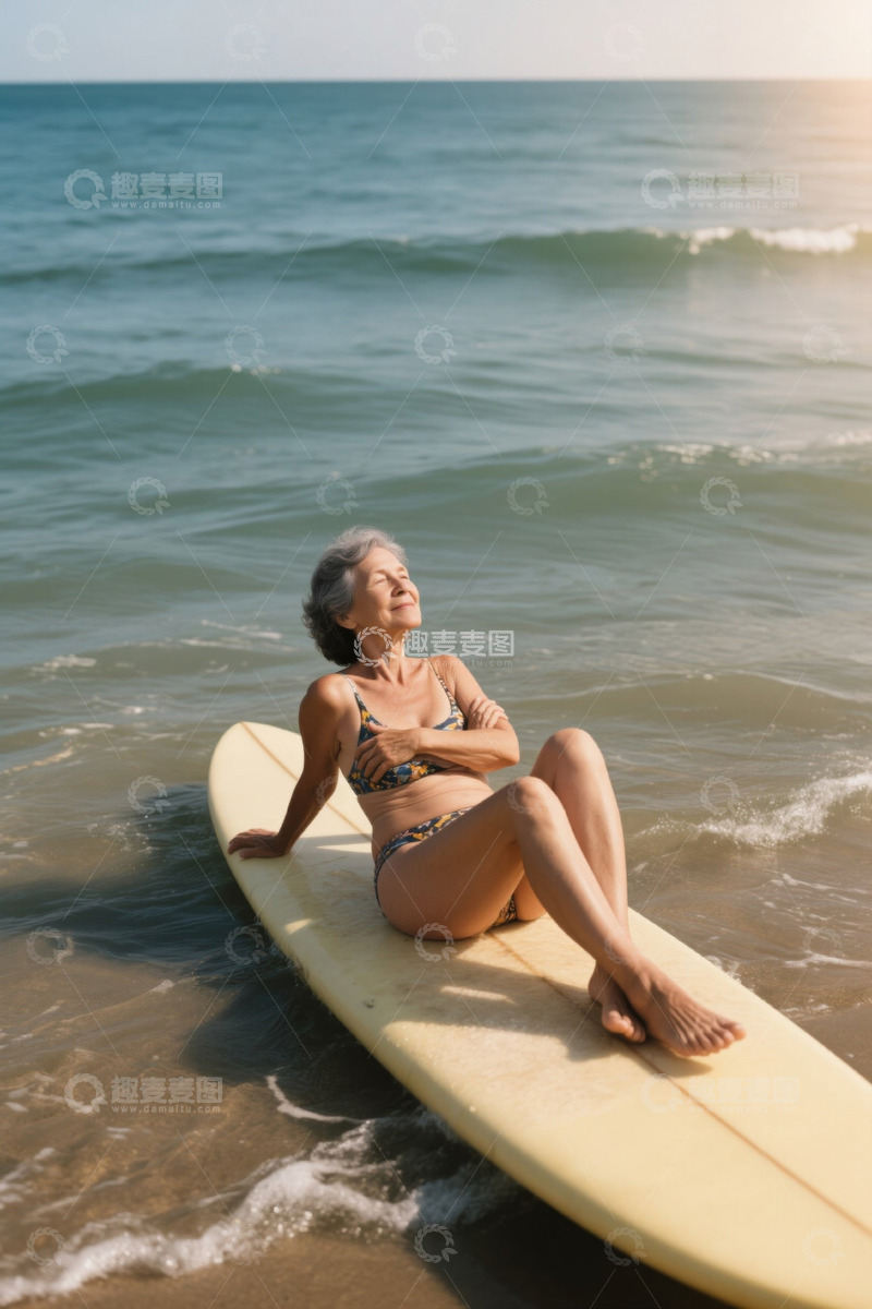 高清大图下载【趣麦麦图】老年女子海边冲浪板休憩