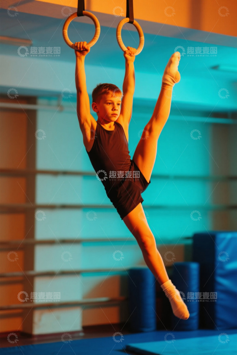 高清大图下载【趣麦麦图】男孩体操运动员吊环训练