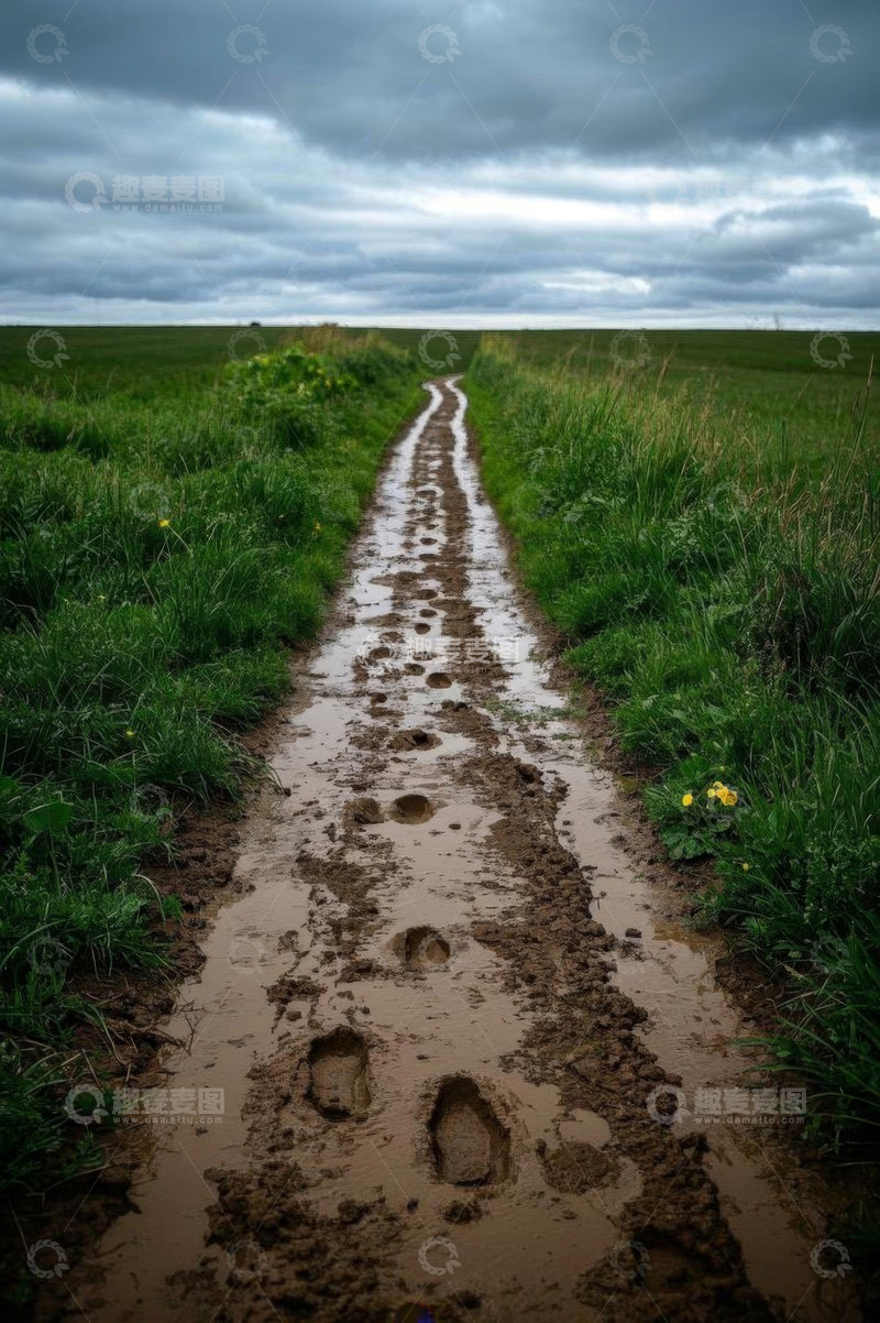 高清大图下载【趣麦麦图】雨后泥泞小路与草地风景