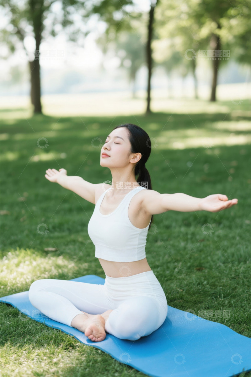 高清大图下载【趣麦麦图】公园草地瑜伽女性放松身心