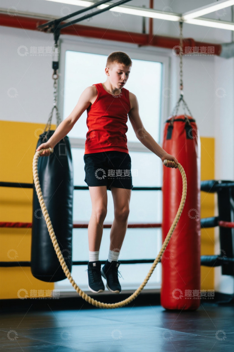 高清大图下载【趣麦麦图】少年在拳击馆跳绳锻炼