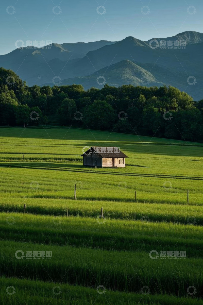 高清大图下载【趣麦麦图】田野中的木屋与远山景观