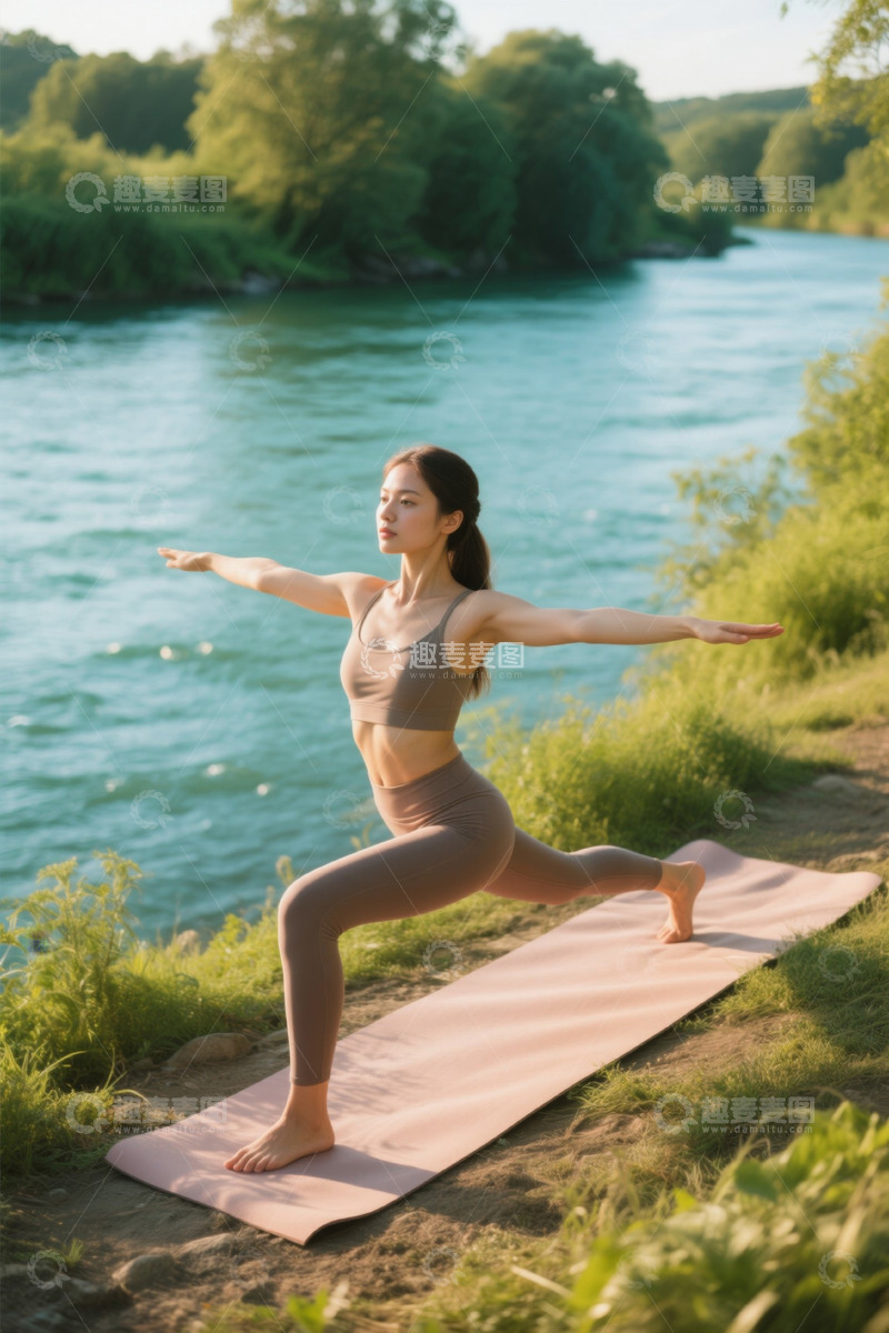 高清大图下载【趣麦麦图】女子在河边瑜伽垫上练习瑜伽