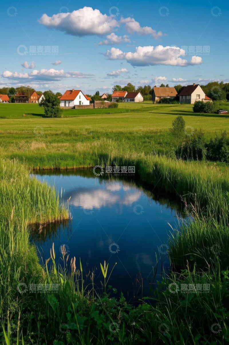 高清大图下载【趣麦麦图】乡村草地旁的宁静池塘风景