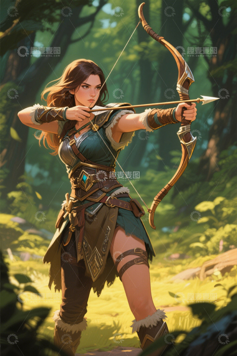 高清大图下载【趣麦麦图】森林弓箭手少女英姿飒爽