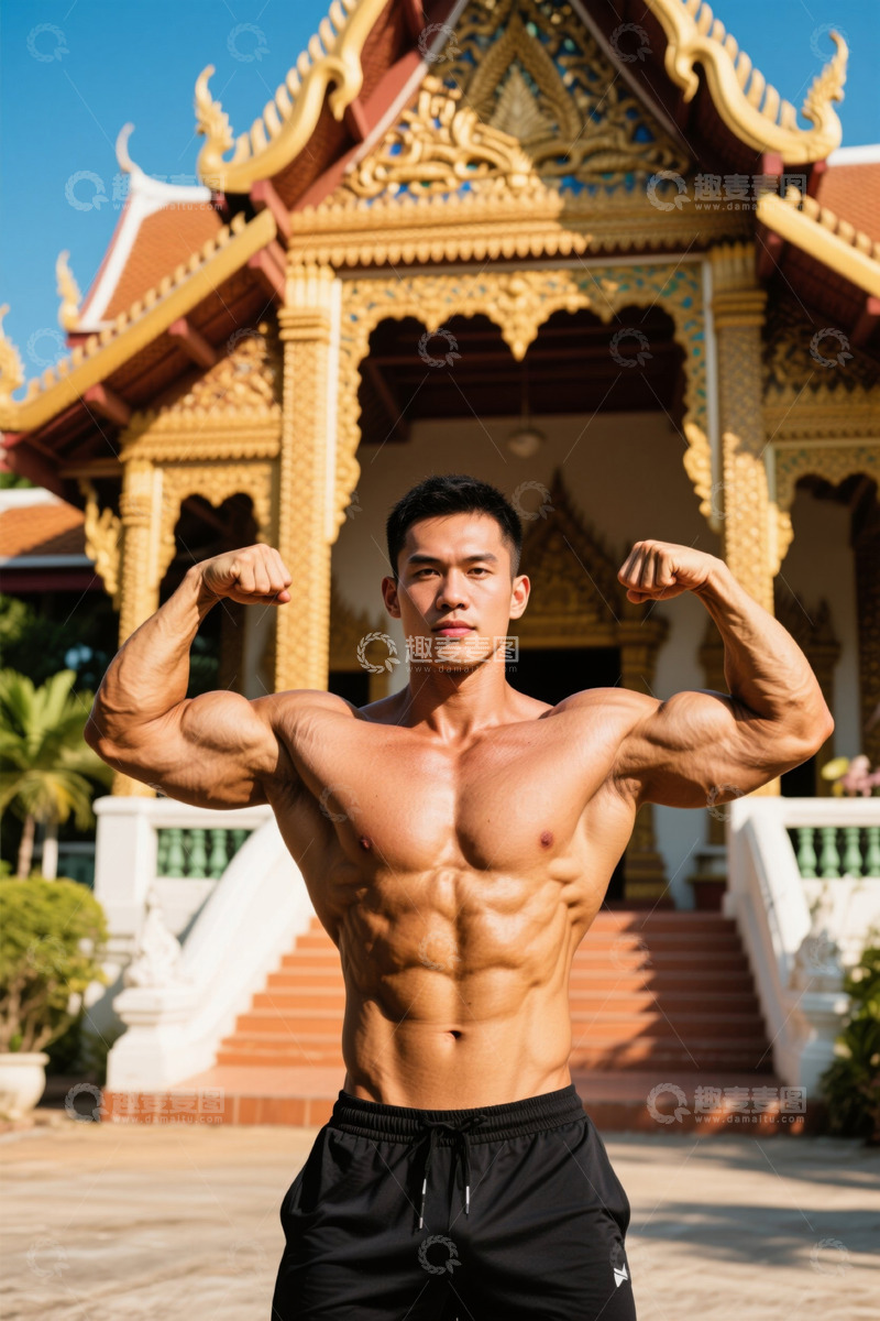 高清大图下载【趣麦麦图】肌肉男在寺庙前展示强壮身材