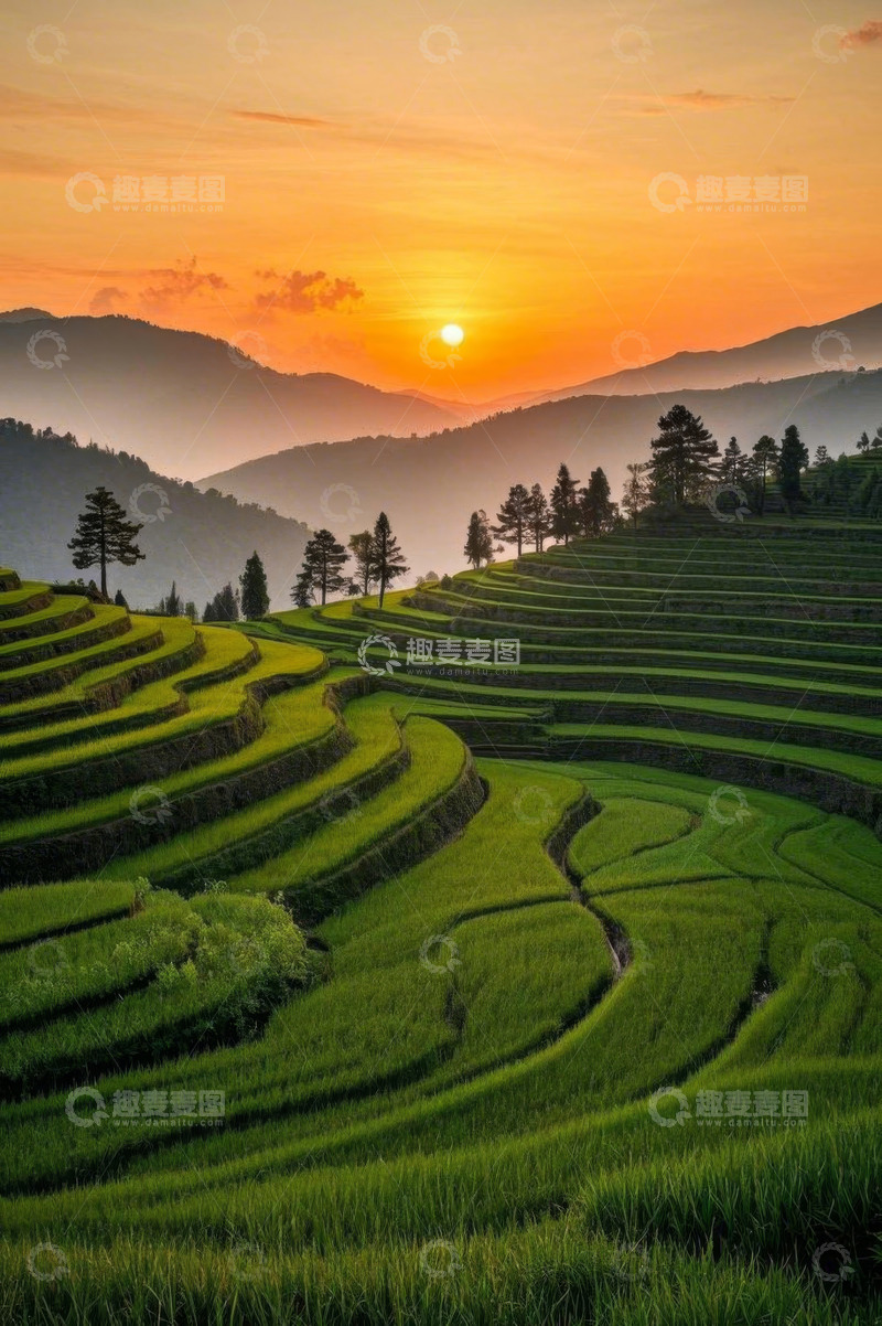 高清大图下载【趣麦麦图】夕阳下的梯田自然风光