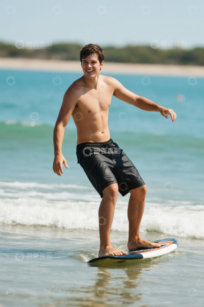 高清大图下载【趣麦麦图】阳光沙滩冲浪少年快乐笑容
