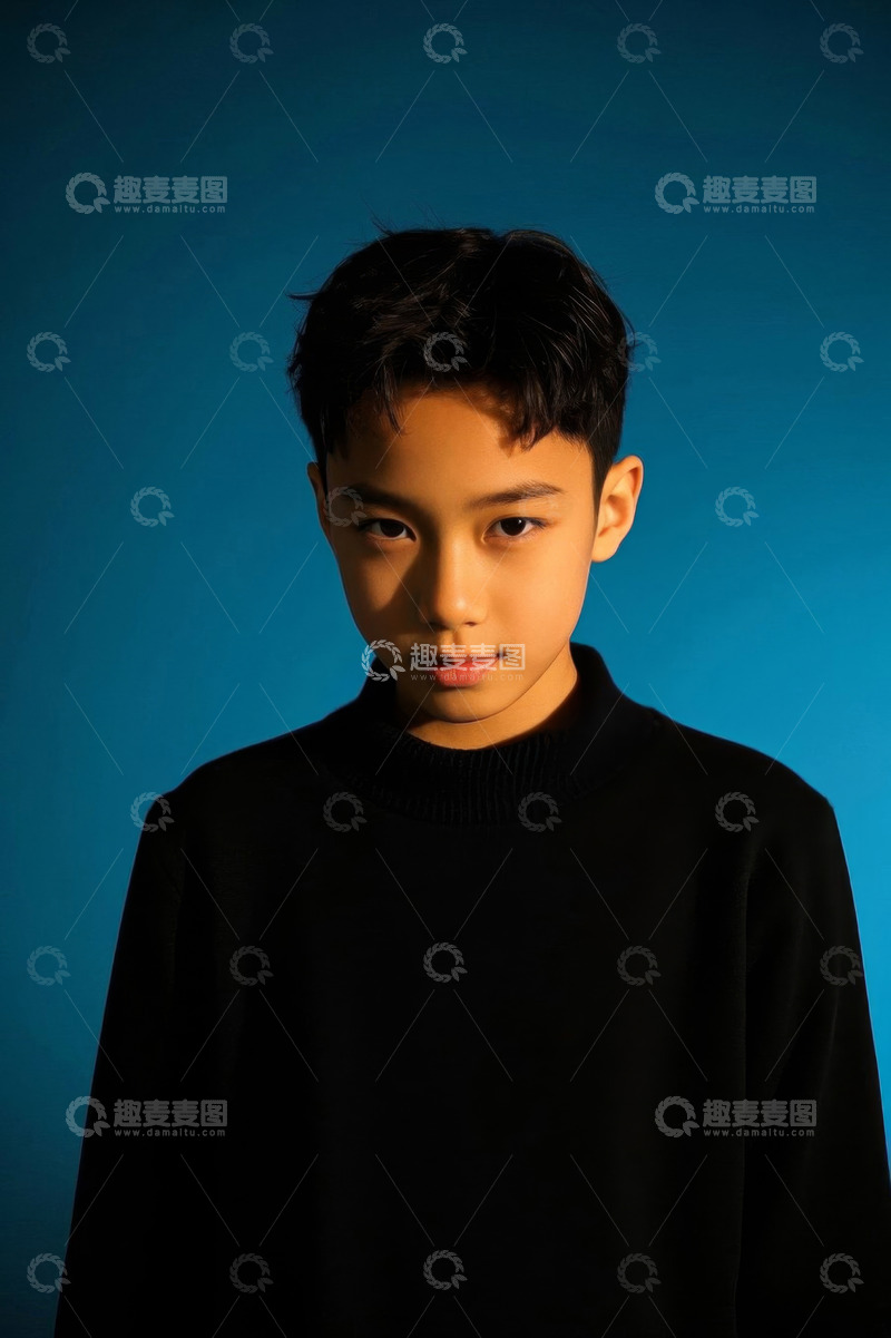 高清大图下载【趣麦麦图】蓝背景下穿着黑色毛衣的男孩