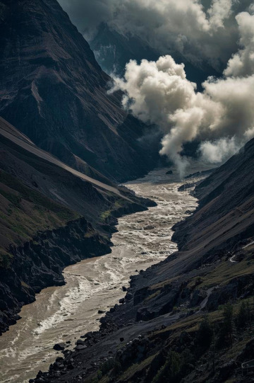 山间河流云雾缭绕风景