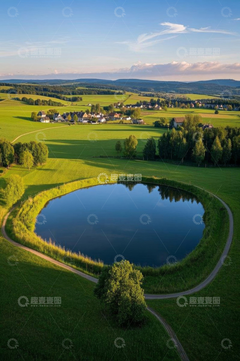 高清大图下载【趣麦麦图】田园乡村湖泊鸟瞰风光