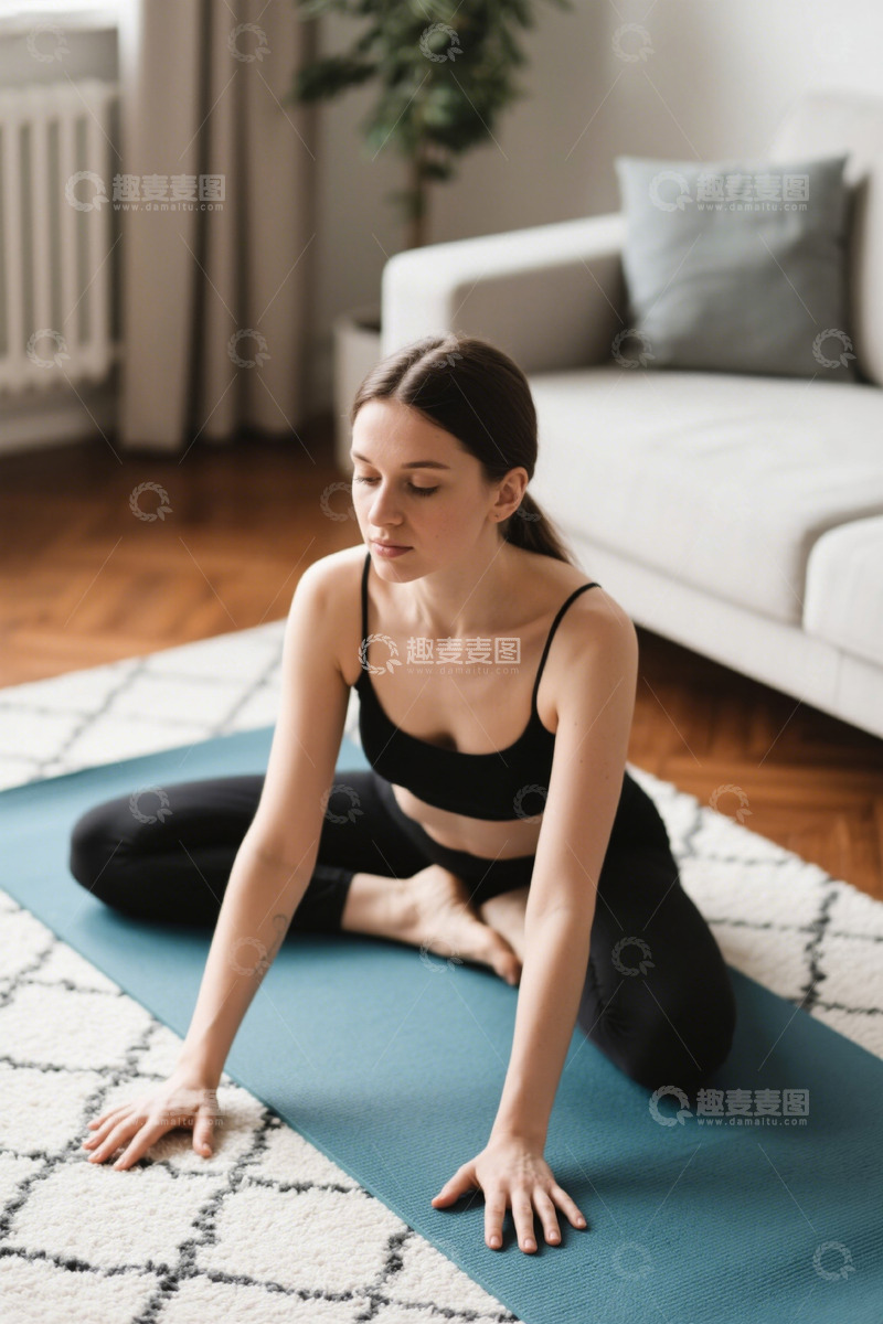 高清大图下载【趣麦麦图】瑜伽垫上冥想放松的年轻女子