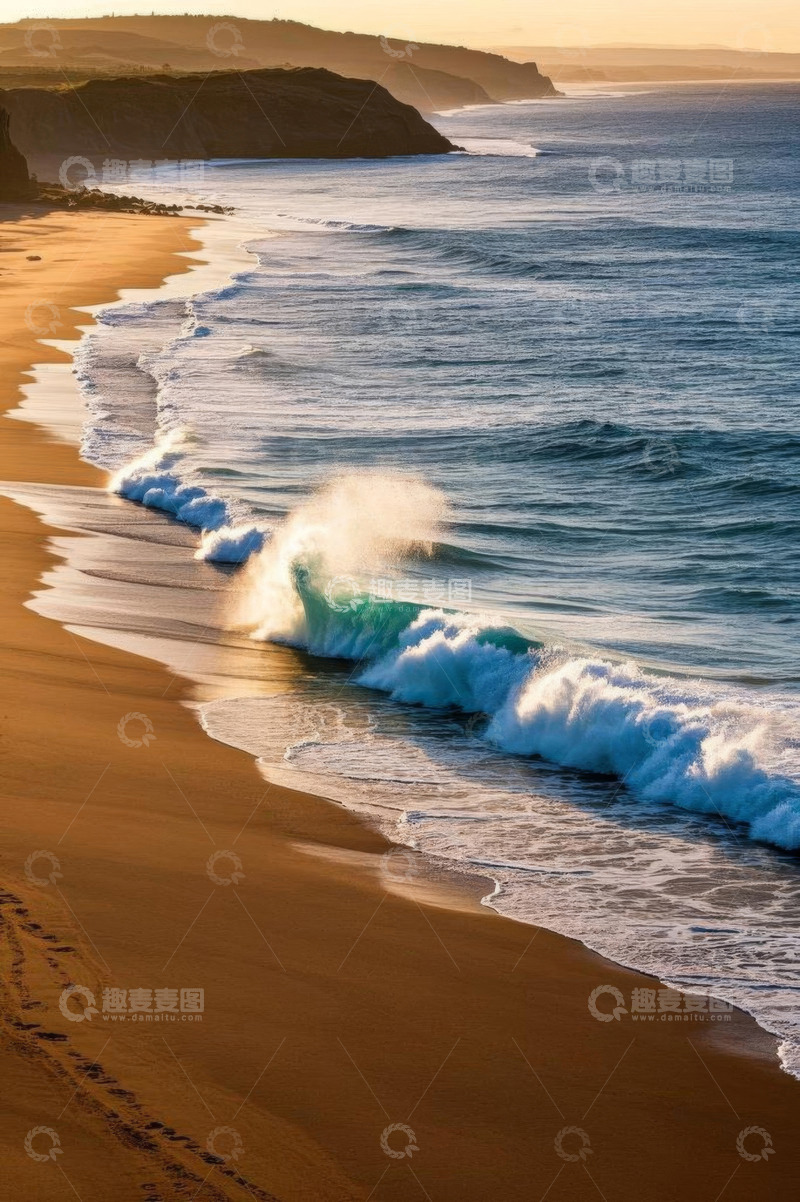 高清大图下载【趣麦麦图】海滩海浪拍打金色沙滩景象