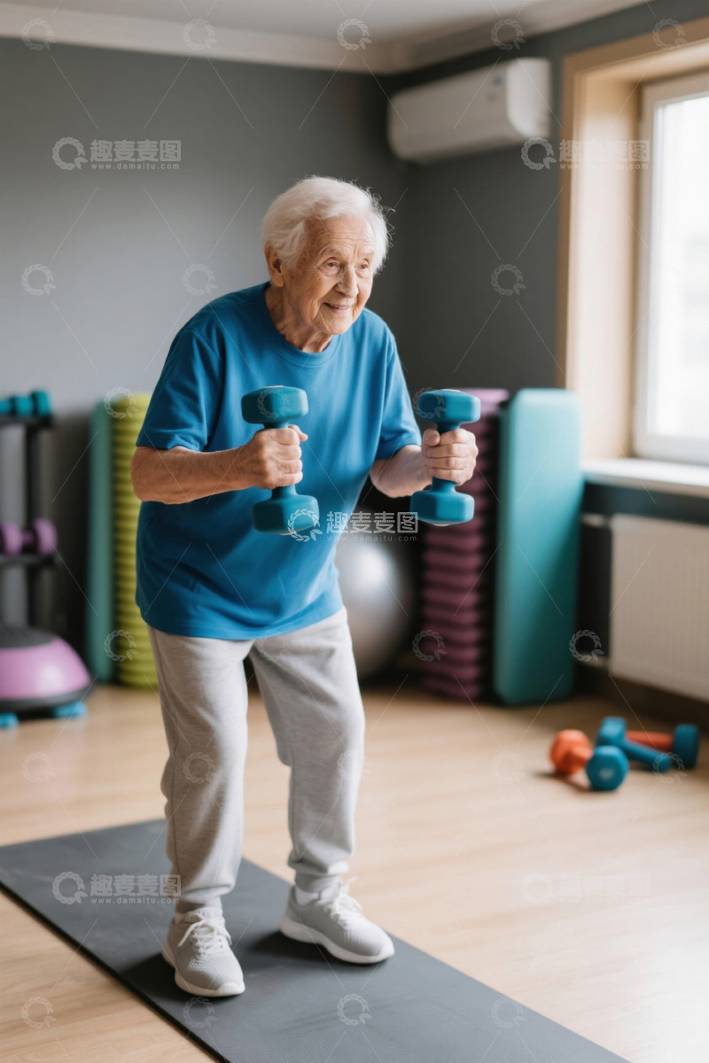 高清大图下载【趣麦麦图】老年人在健身房举哑铃锻炼