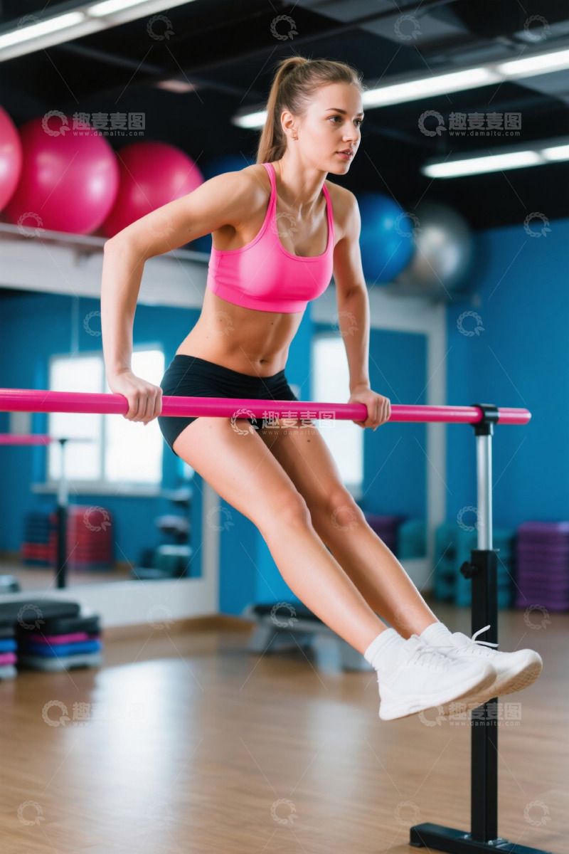 高清大图下载【趣麦麦图】健身房里女性做引体向上