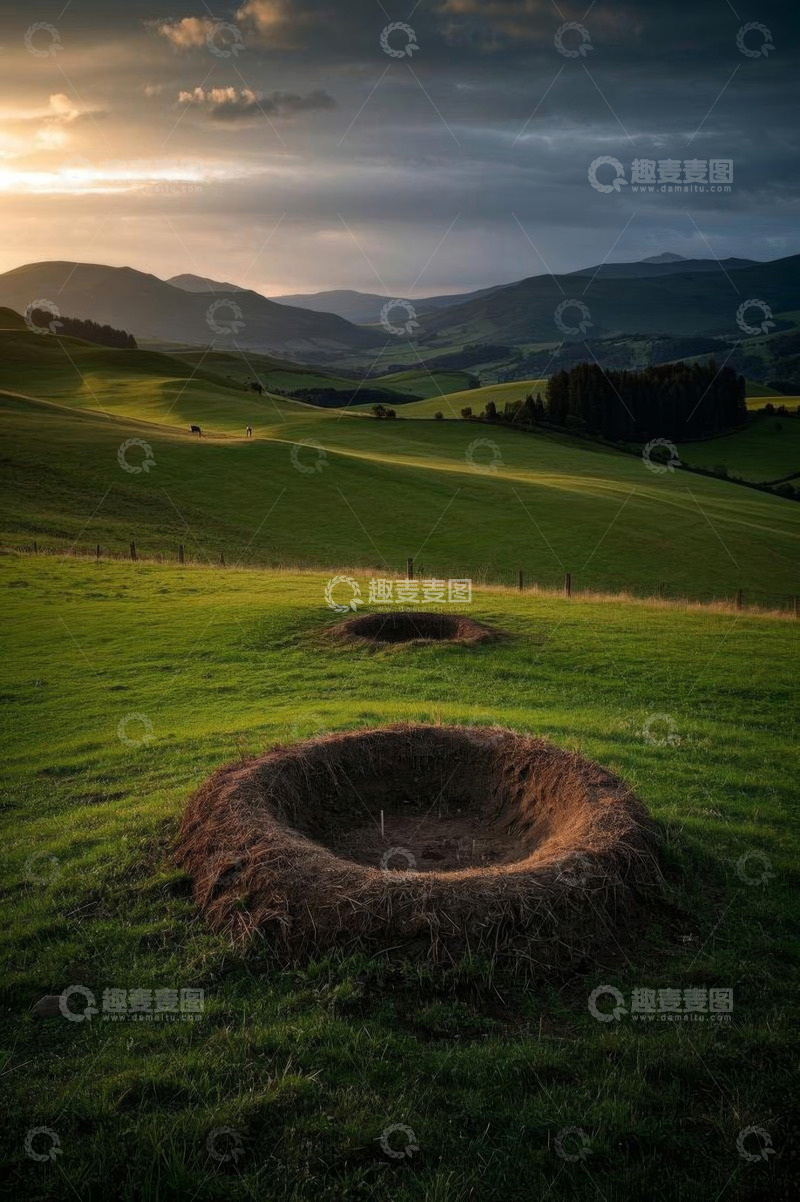 高清大图下载【趣麦麦图】草原黄昏景色与土坑景观