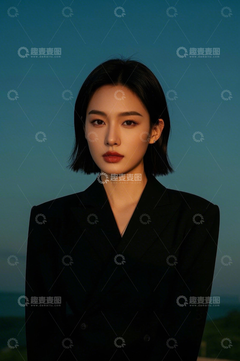 高清大图下载【趣麦麦图】时尚女性肖像，黑色西装，短发