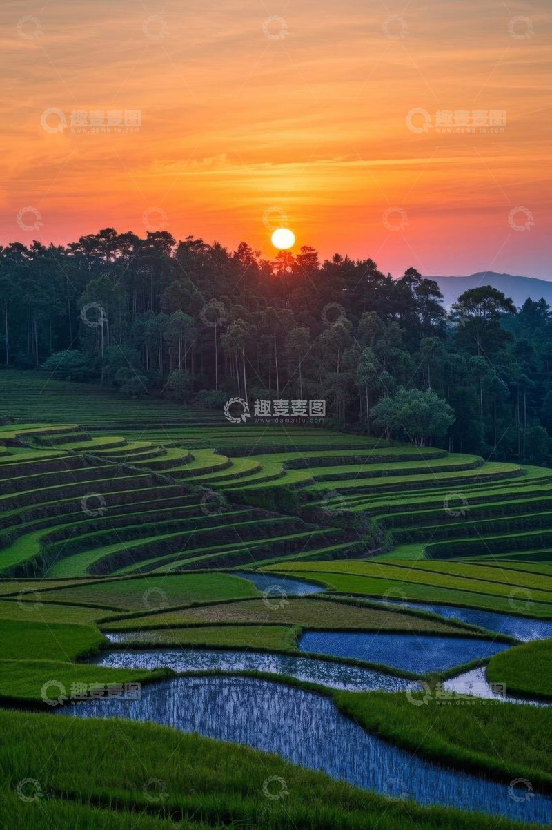 高清大图下载【趣麦麦图】日落时分的梯田自然风光