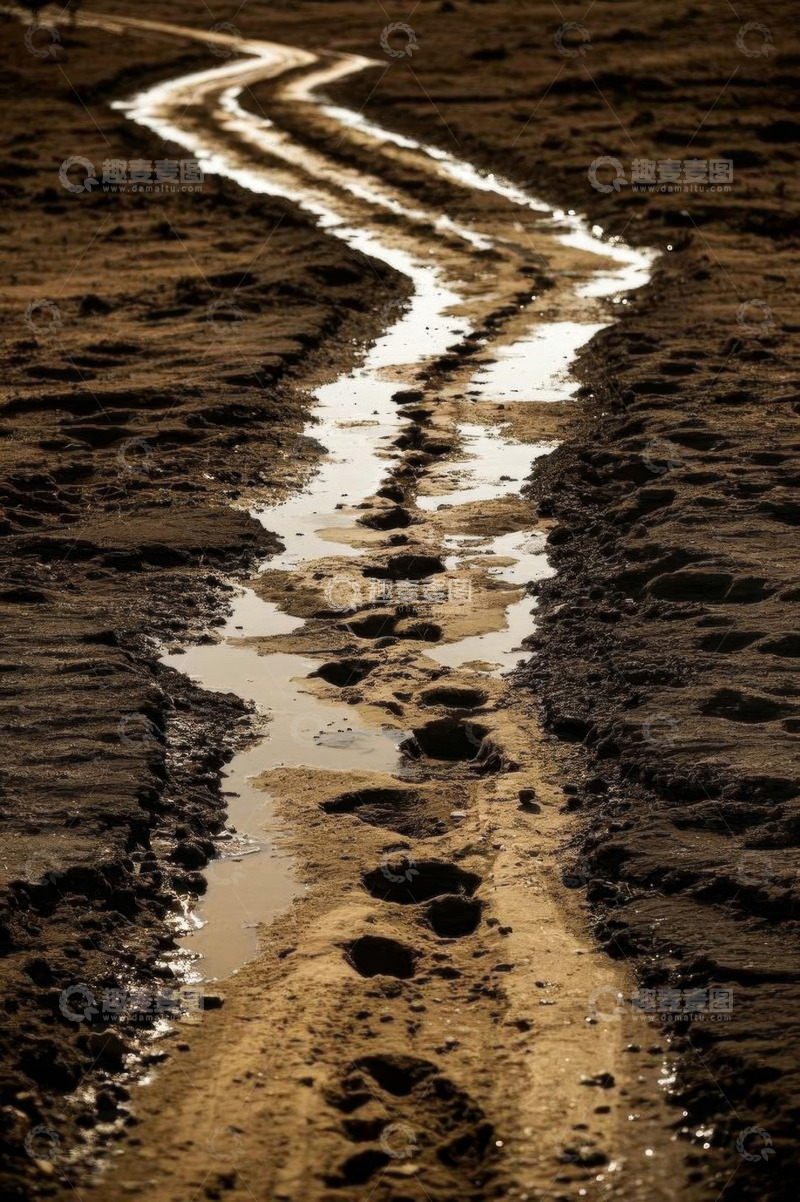 高清大图下载【趣麦麦图】泥泞道路上的积水与脚印