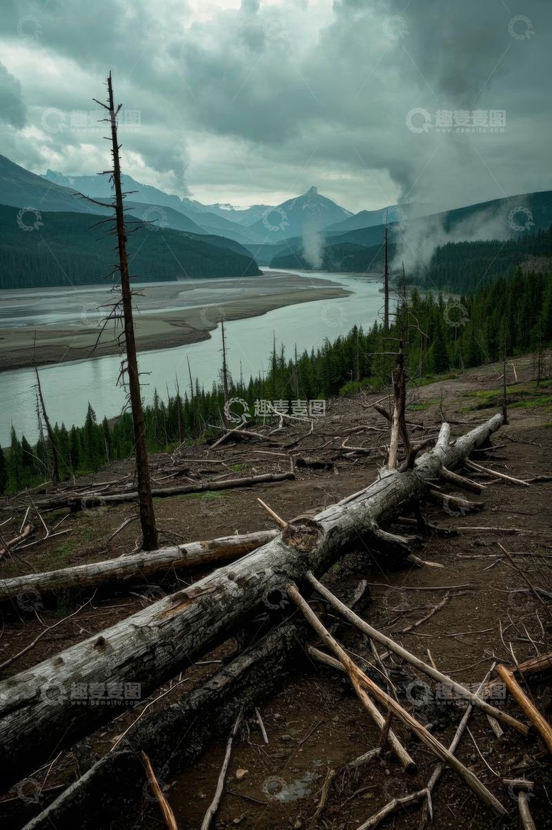 高清大图下载【趣麦麦图】山间河流与倒伏树木自然景观