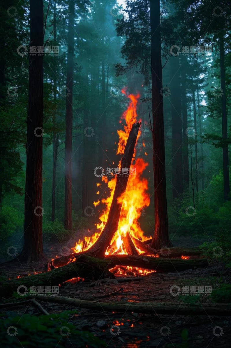 高清大图下载【趣麦麦图】森林中燃烧的篝火场景