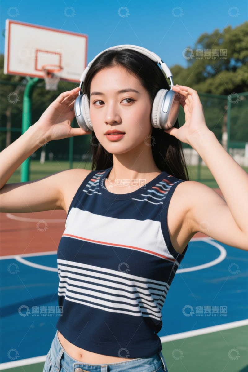 高清大图下载【趣麦麦图】阳光下戴耳机女孩在篮球场