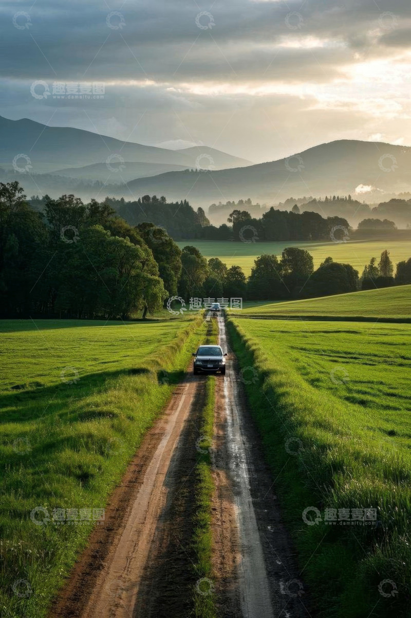 高清大图下载【趣麦麦图】田野间公路上行驶的汽车