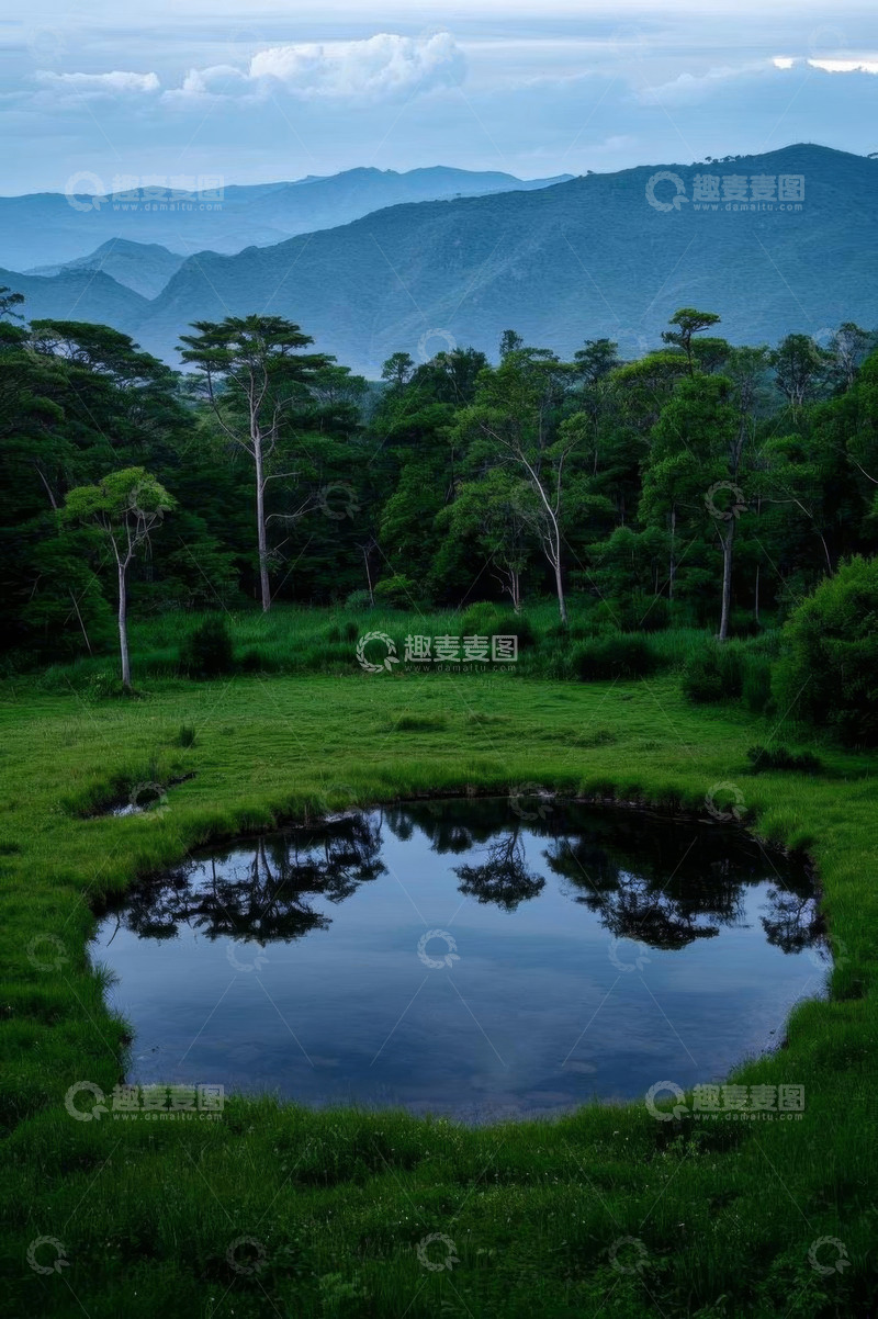 高清大图下载【趣麦麦图】山林间的草地与静谧池塘
