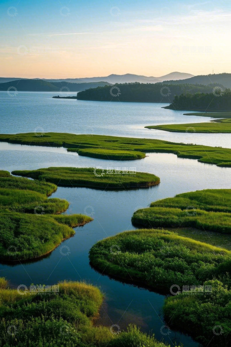 高清大图下载【趣麦麦图】自然水域中的绿色草洲景观