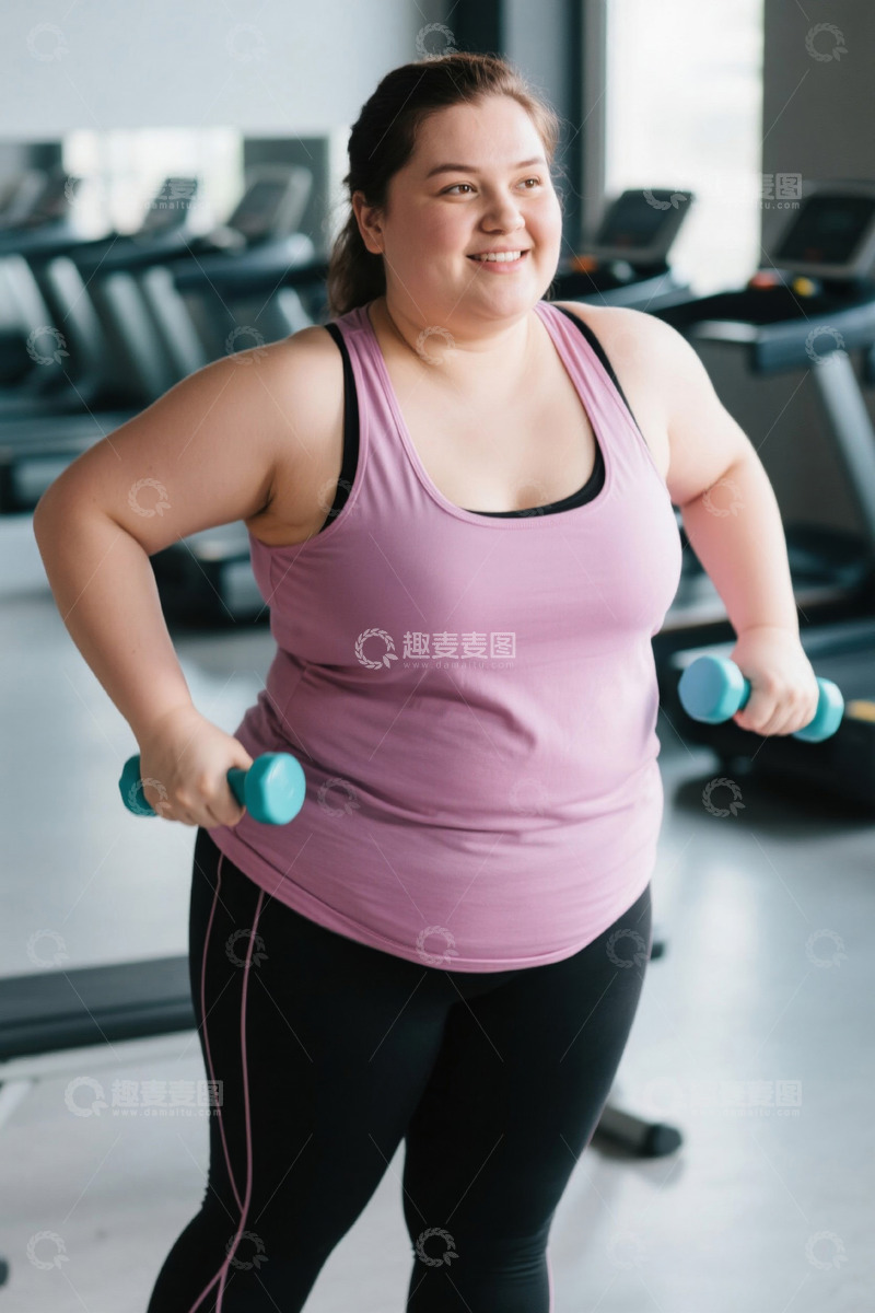 高清大图下载【趣麦麦图】健身房里举哑铃的丰满女子