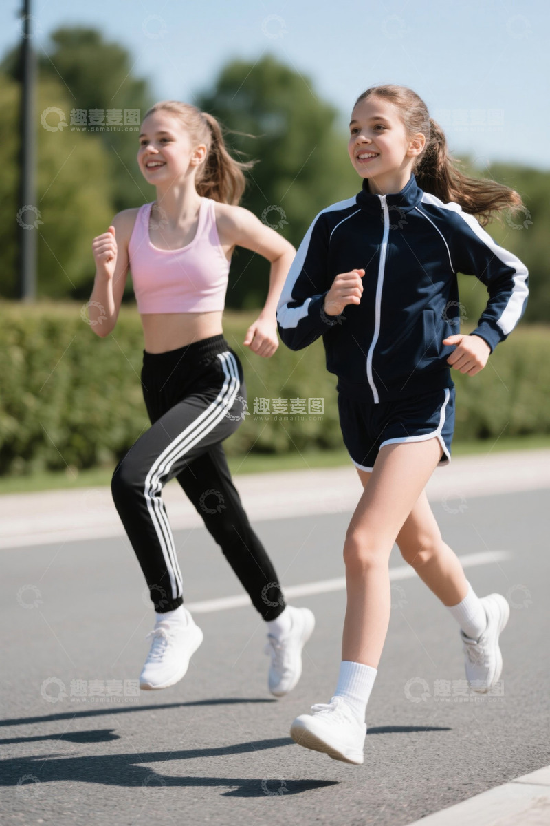 高清大图下载【趣麦麦图】两个女孩在阳光下跑步运动