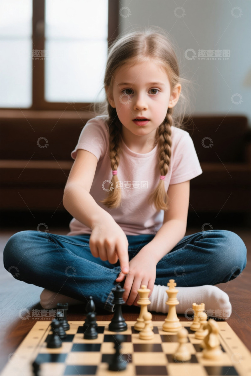 高清大图下载【趣麦麦图】小女孩专注下棋可爱俏皮