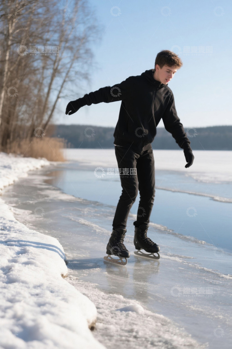高清大图下载【趣麦麦图】少年在冰面上滑冰快乐玩耍