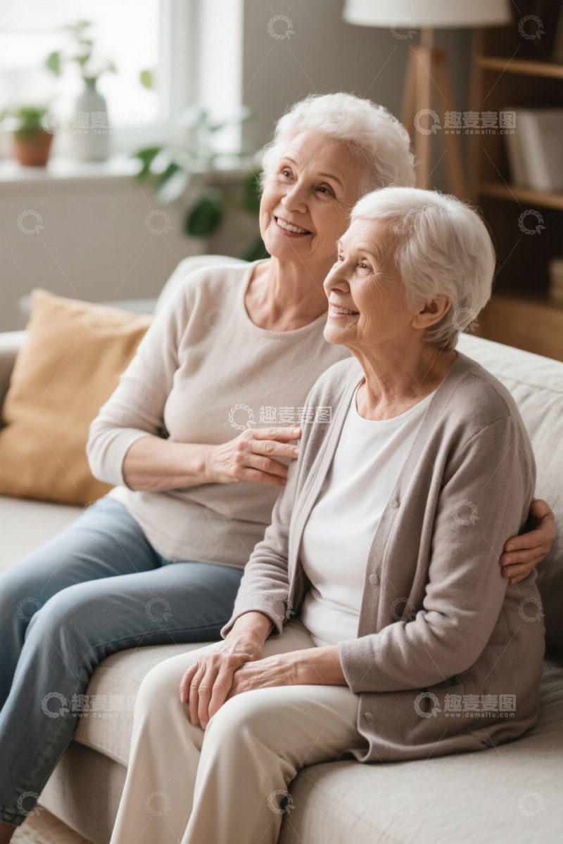 高清大图下载【趣麦麦图】"两位优雅的老年妇女相拥而坐