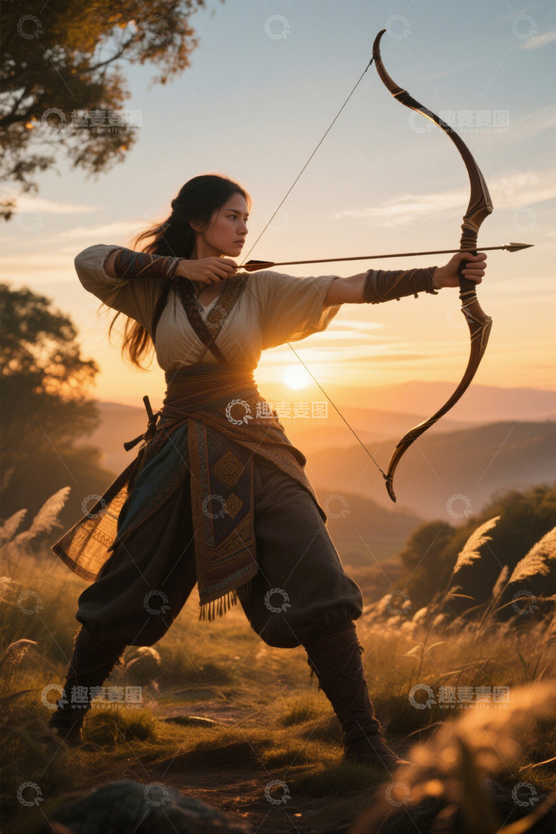 高清大图下载【趣麦麦图】夕阳下女弓箭手瞄准目标