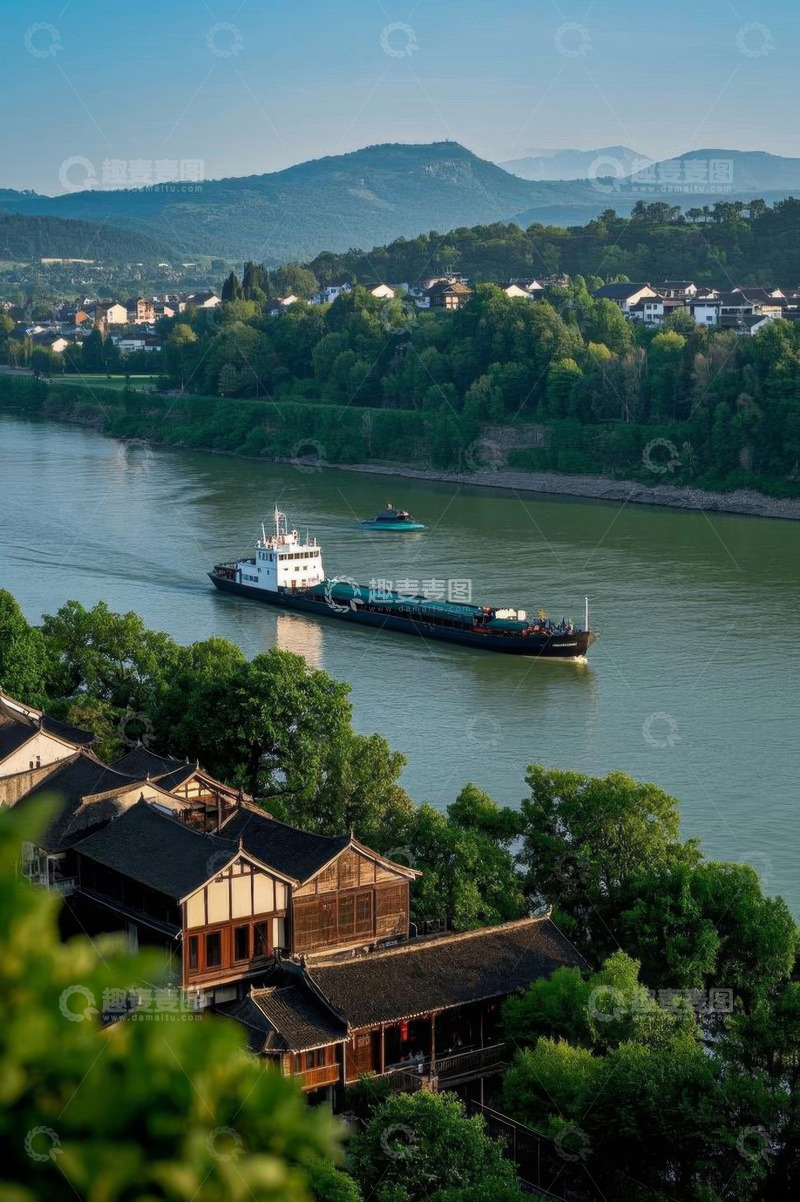 高清大图下载【趣麦麦图】江边古建筑与江面上行驶的货船