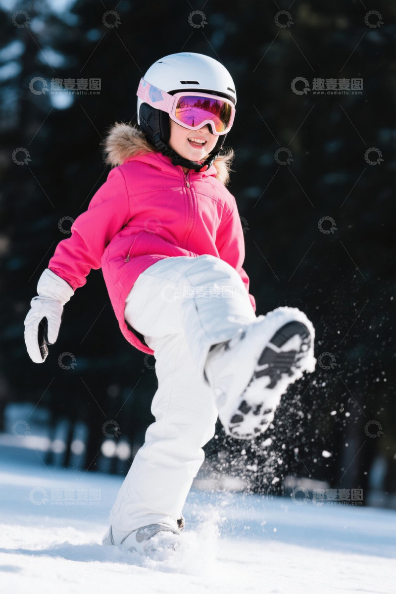 高清大图下载【趣麦麦图】快乐的小女孩在雪地里滑雪