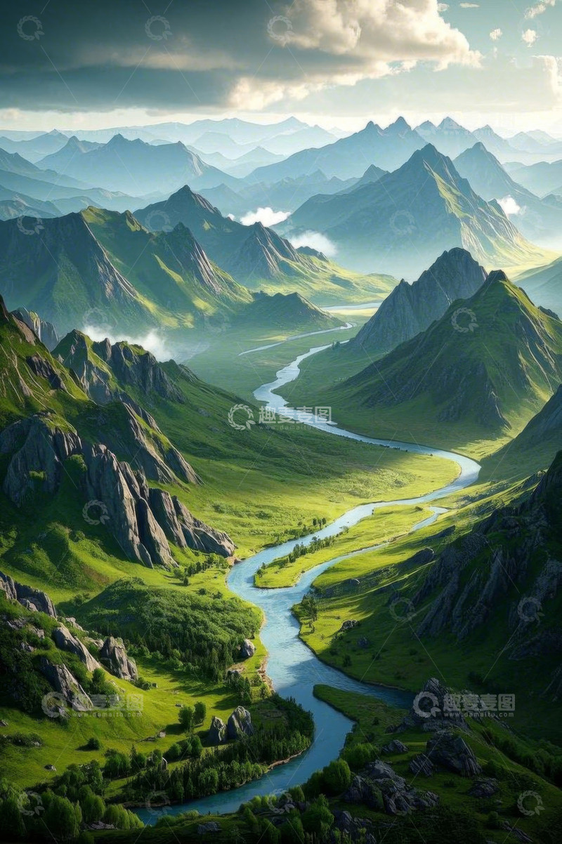 高清大图下载【趣麦麦图】山谷间蜿蜒河流与连绵山脉景色