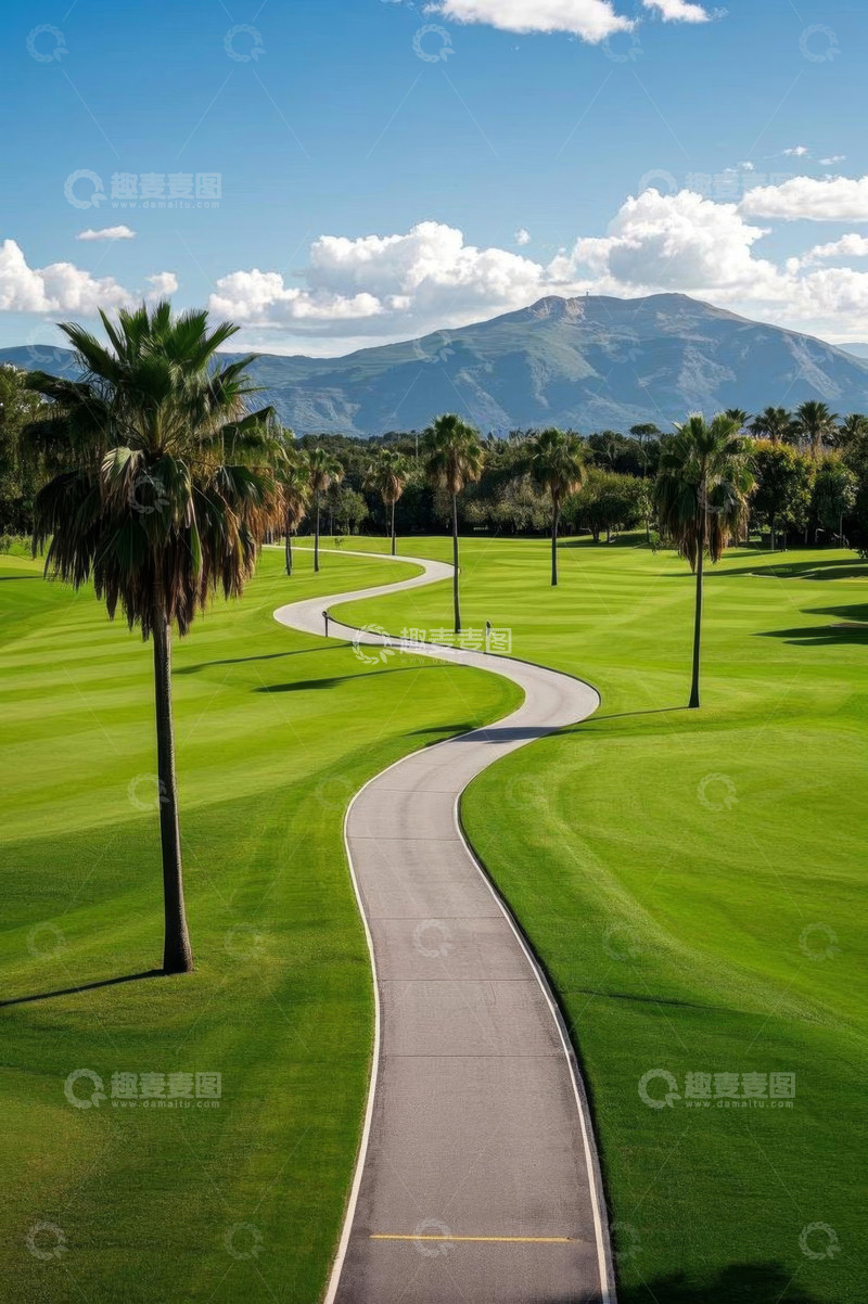 高清大图下载【趣麦麦图】高尔夫球场的弯曲小路与自然风光