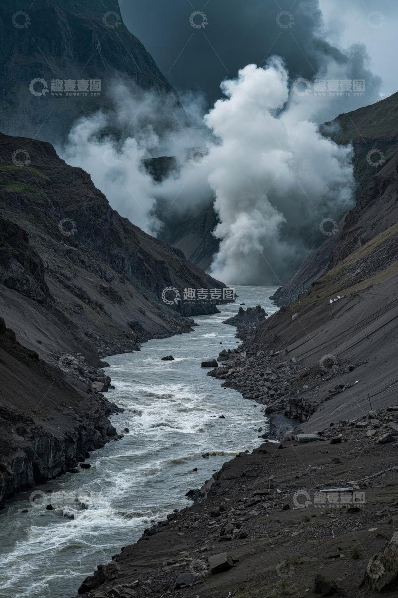 高清大图下载【趣麦麦图】山间河流云雾缭绕景象