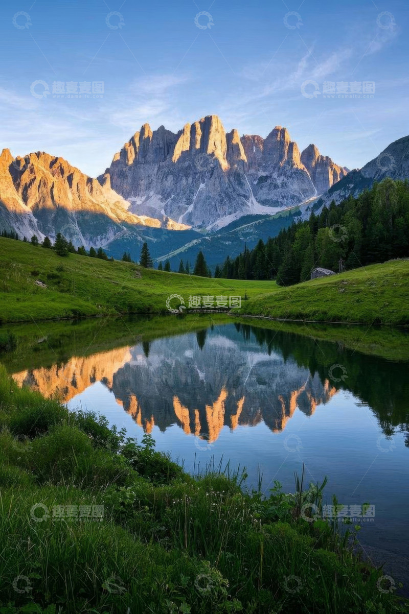 高清大图下载【趣麦麦图】山间湖泊与远处壮丽山峰景观