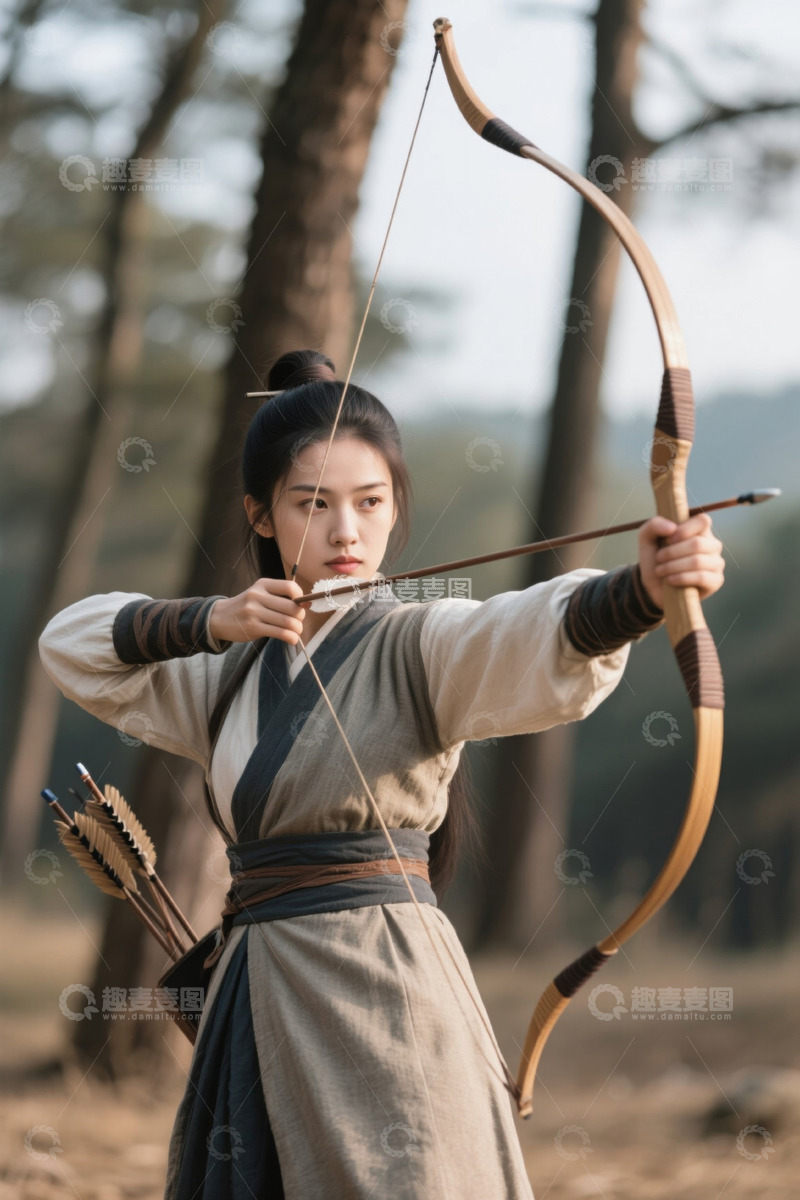 高清大图下载【趣麦麦图】古装女子森林射箭英姿飒爽