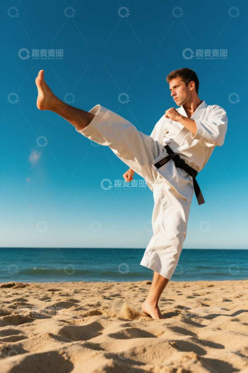 高清大图下载【趣麦麦图】阳光沙滩上的空手道高手