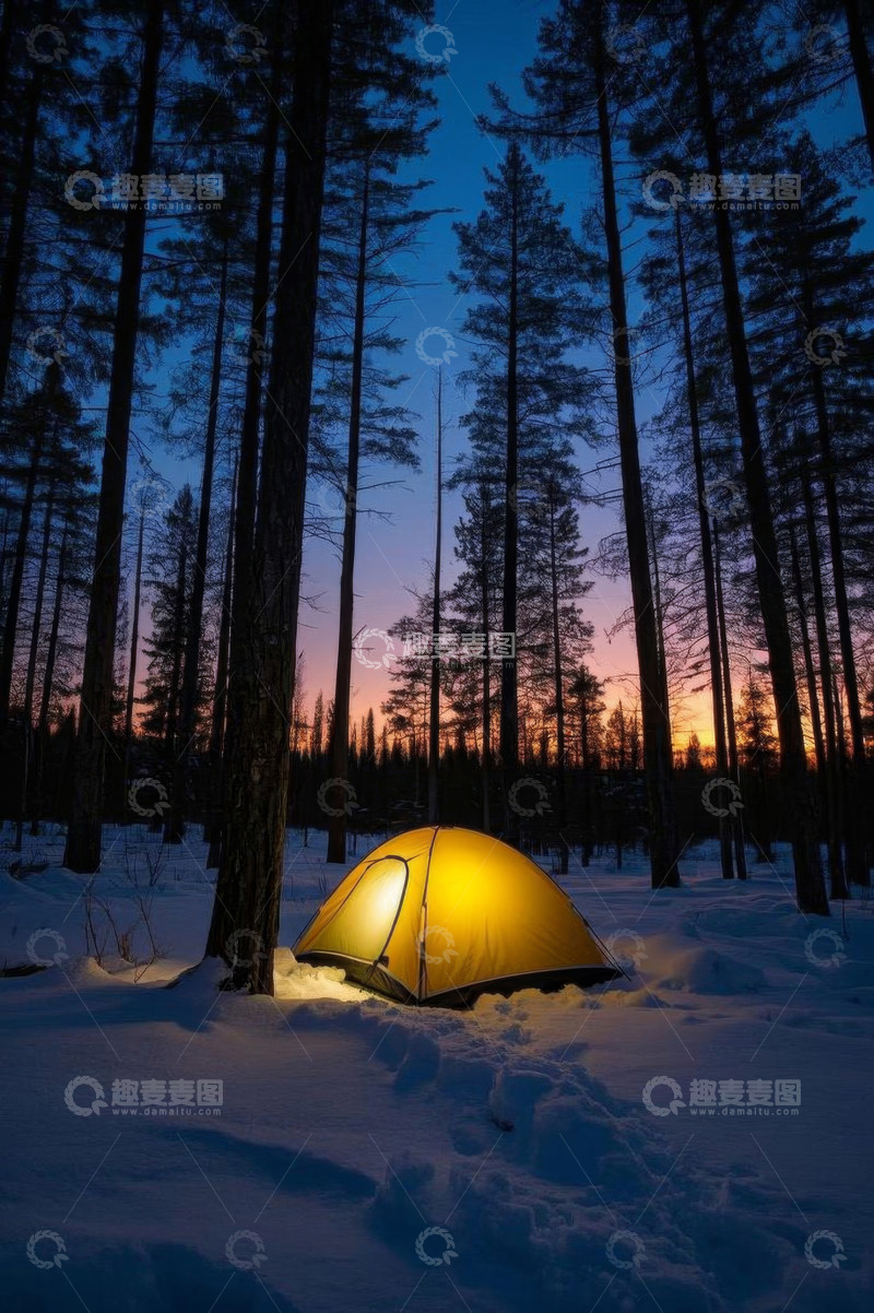 高清大图下载【趣麦麦图】雪林中的露营帐篷
