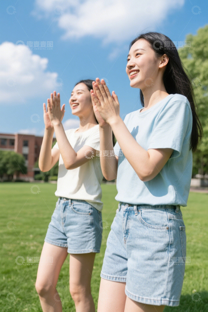高清大图下载【趣麦麦图】-阳光下欢呼雀跃的两位女生
